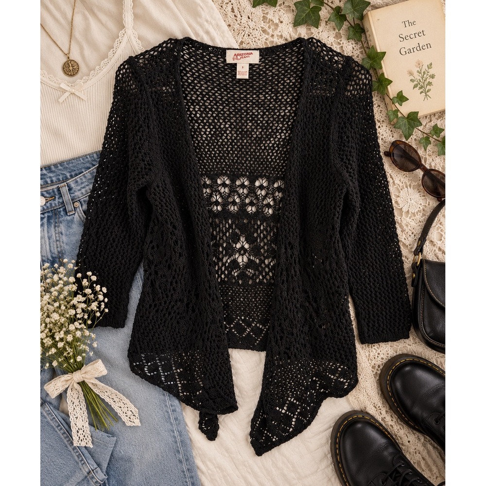 Arizona Jean Co Black Crochet Cardigan S Whimsigoth Fairycore Grunge Boho